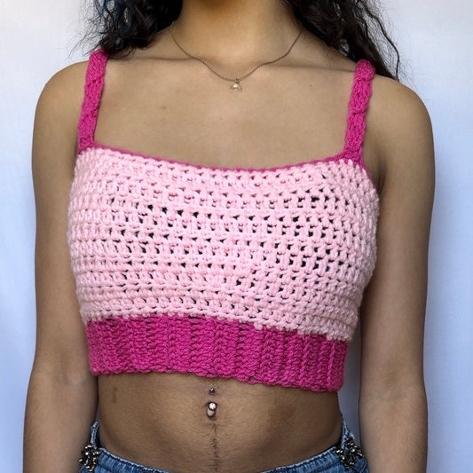 Pink Crochet Cropped Tank Top - Size Small-Medium