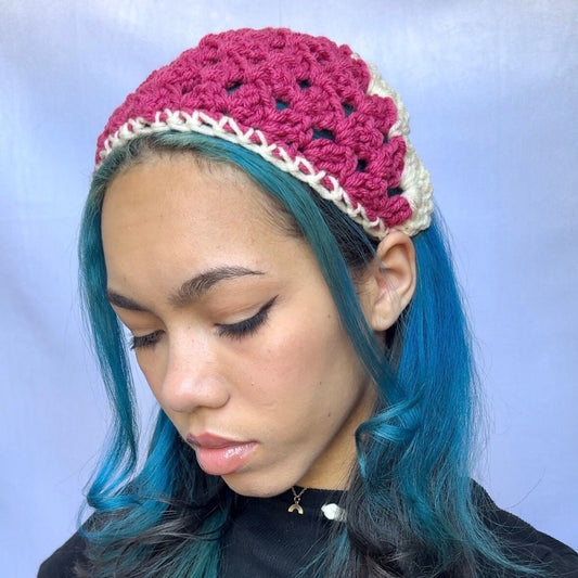 Crocheted Pink Bandana with Cream Trim