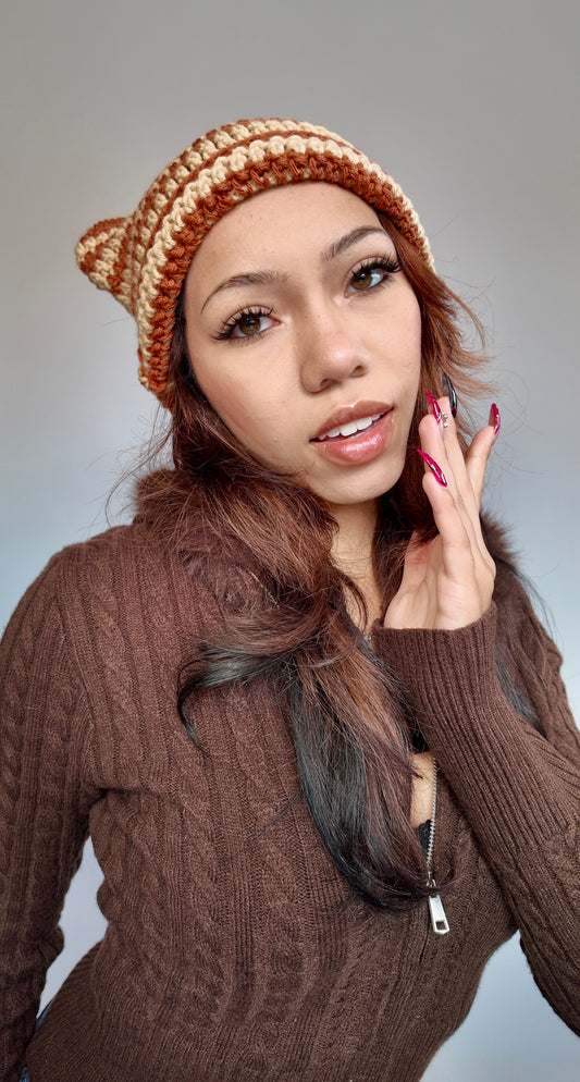 PUMPKIN STRIPED CAT EAR BEANIE