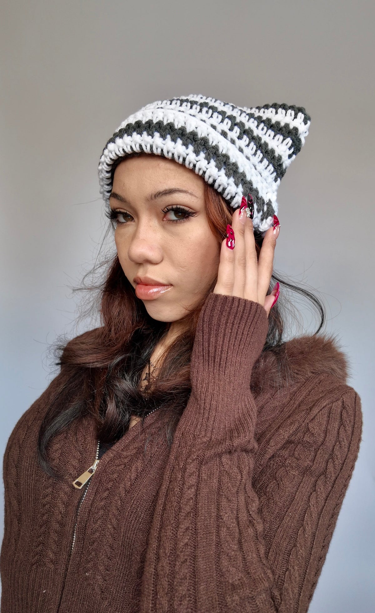 GREY STRIPED CAT EAR BEANIE