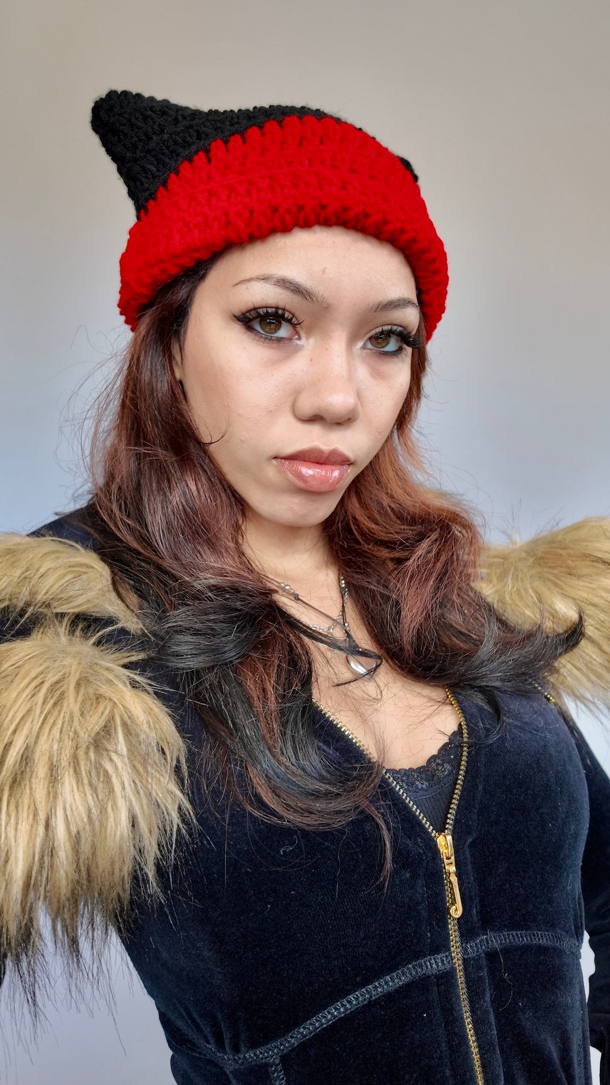 RED COLORBLOCK CAT EAR BEANIE