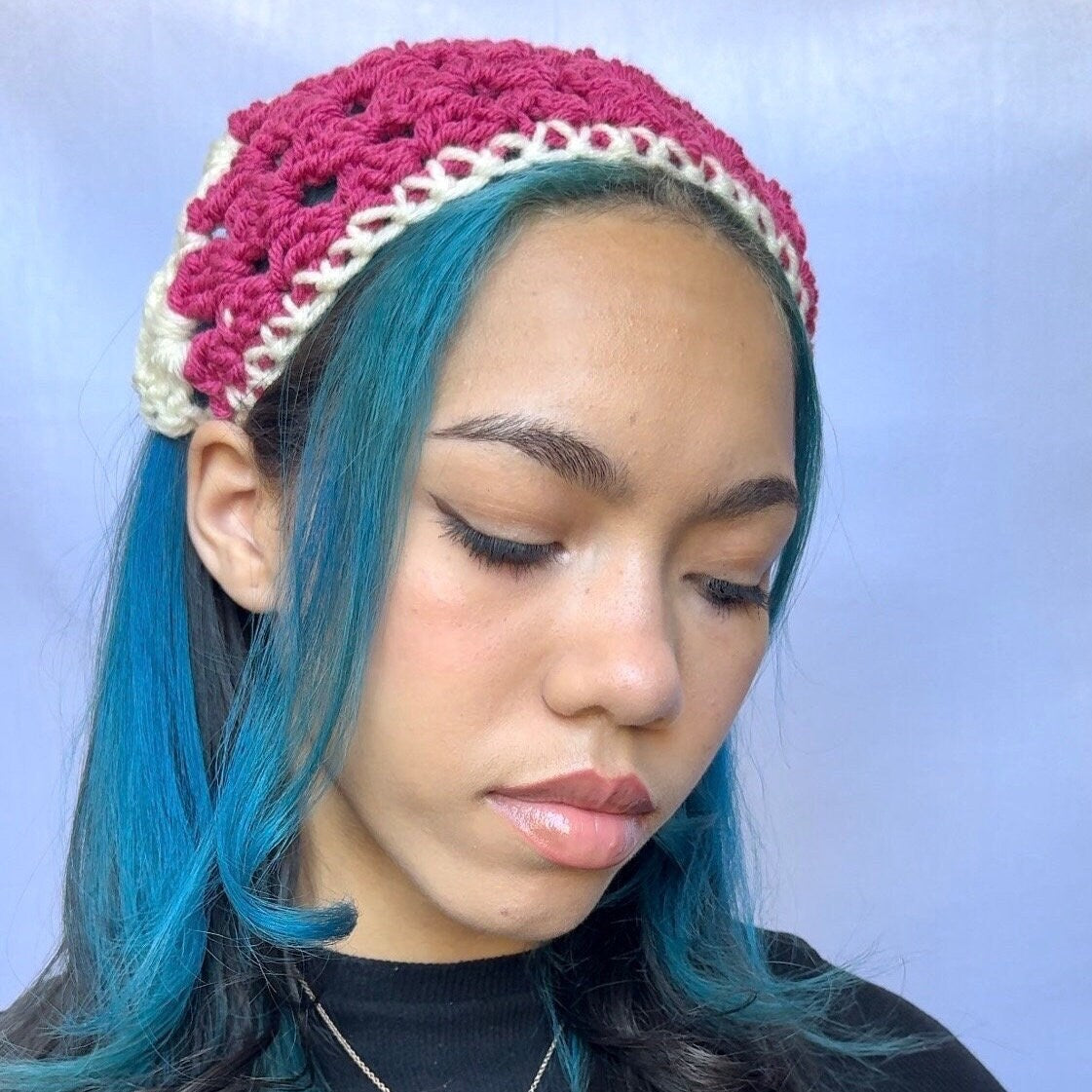 Crocheted Pink Bandana with Cream Trim
