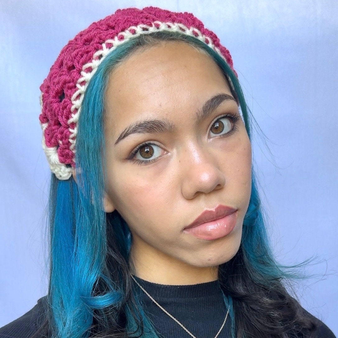 Crocheted Pink Bandana with Cream Trim