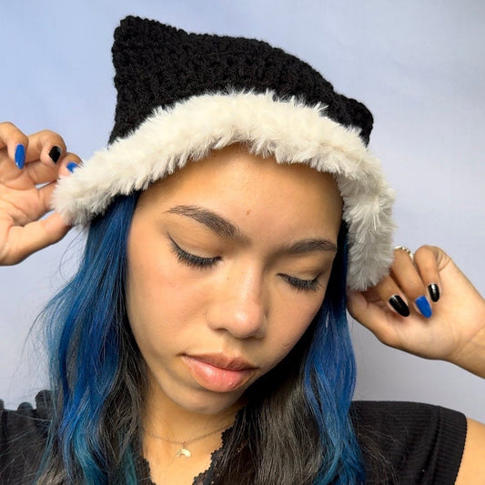 Black with White Faux Fur Cat Ear Beanie