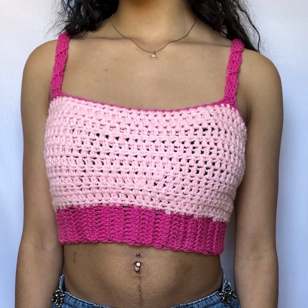 Pink Crochet Cropped Tank Top - Size Small-Medium