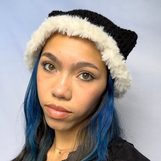 Black with White Faux Fur Cat Ear Beanie