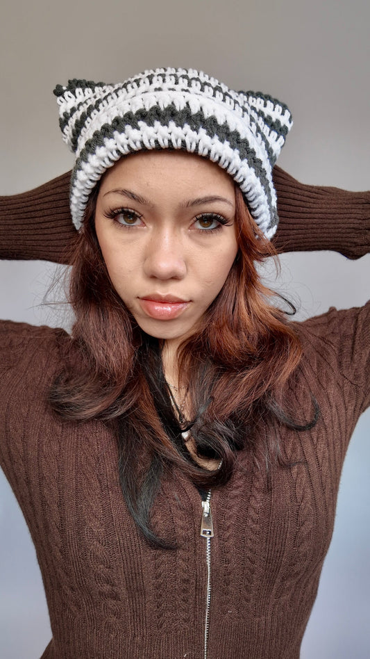 GREY STRIPED CAT EAR BEANIE