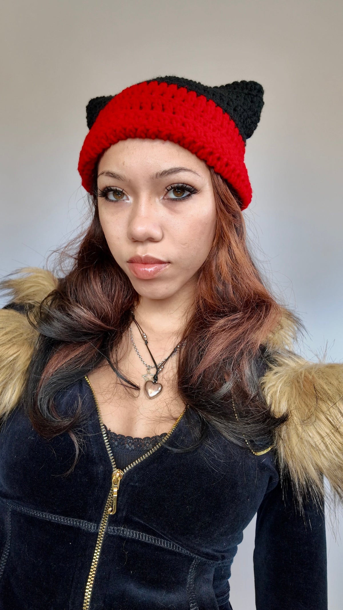 RED COLORBLOCK CAT EAR BEANIE