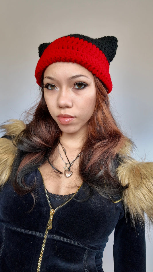 RED COLORBLOCK CAT EAR BEANIE