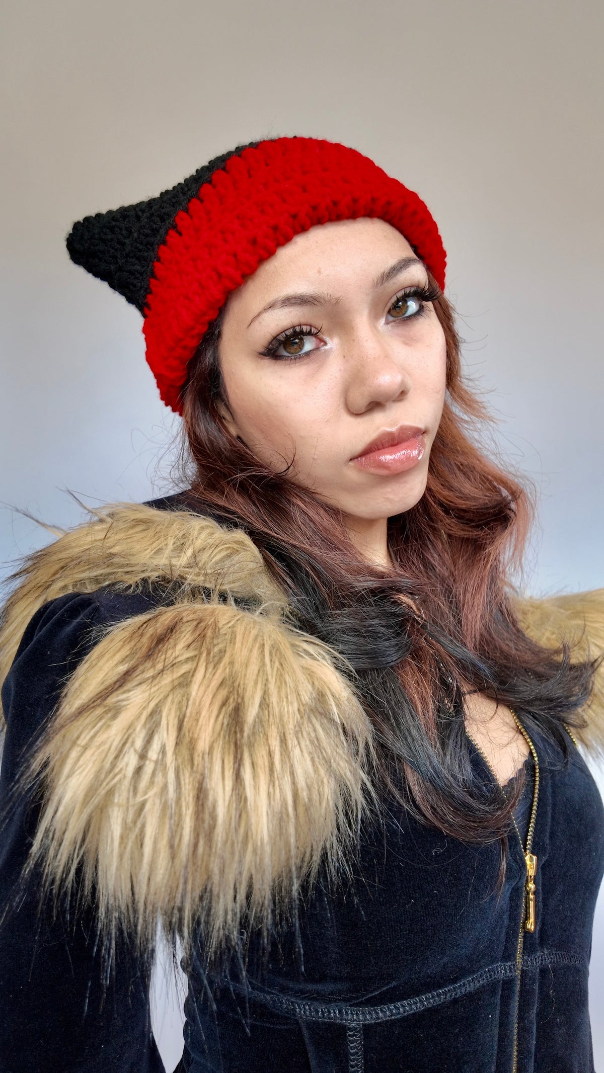 RED COLORBLOCK CAT EAR BEANIE