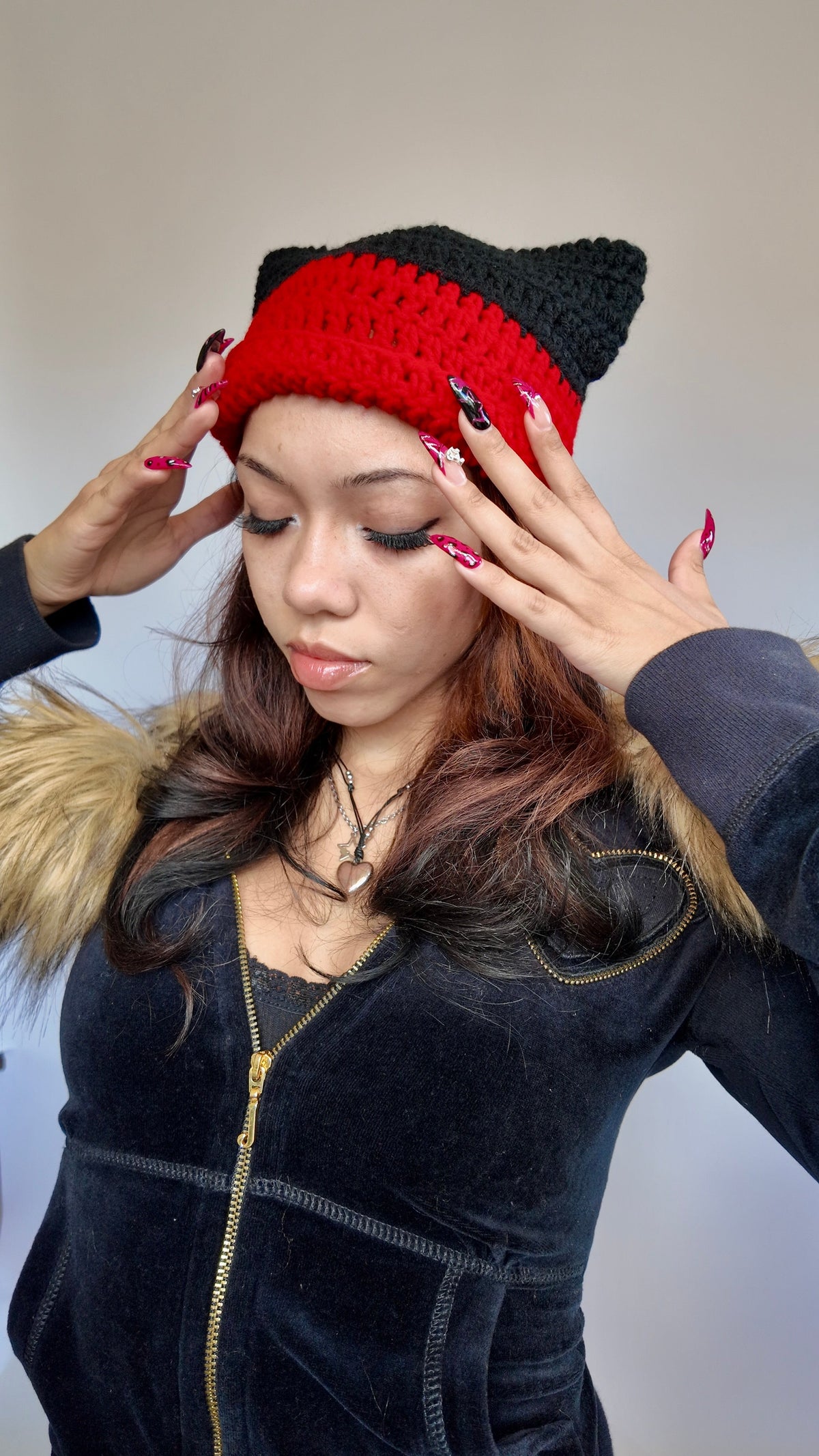 RED COLORBLOCK CAT EAR BEANIE