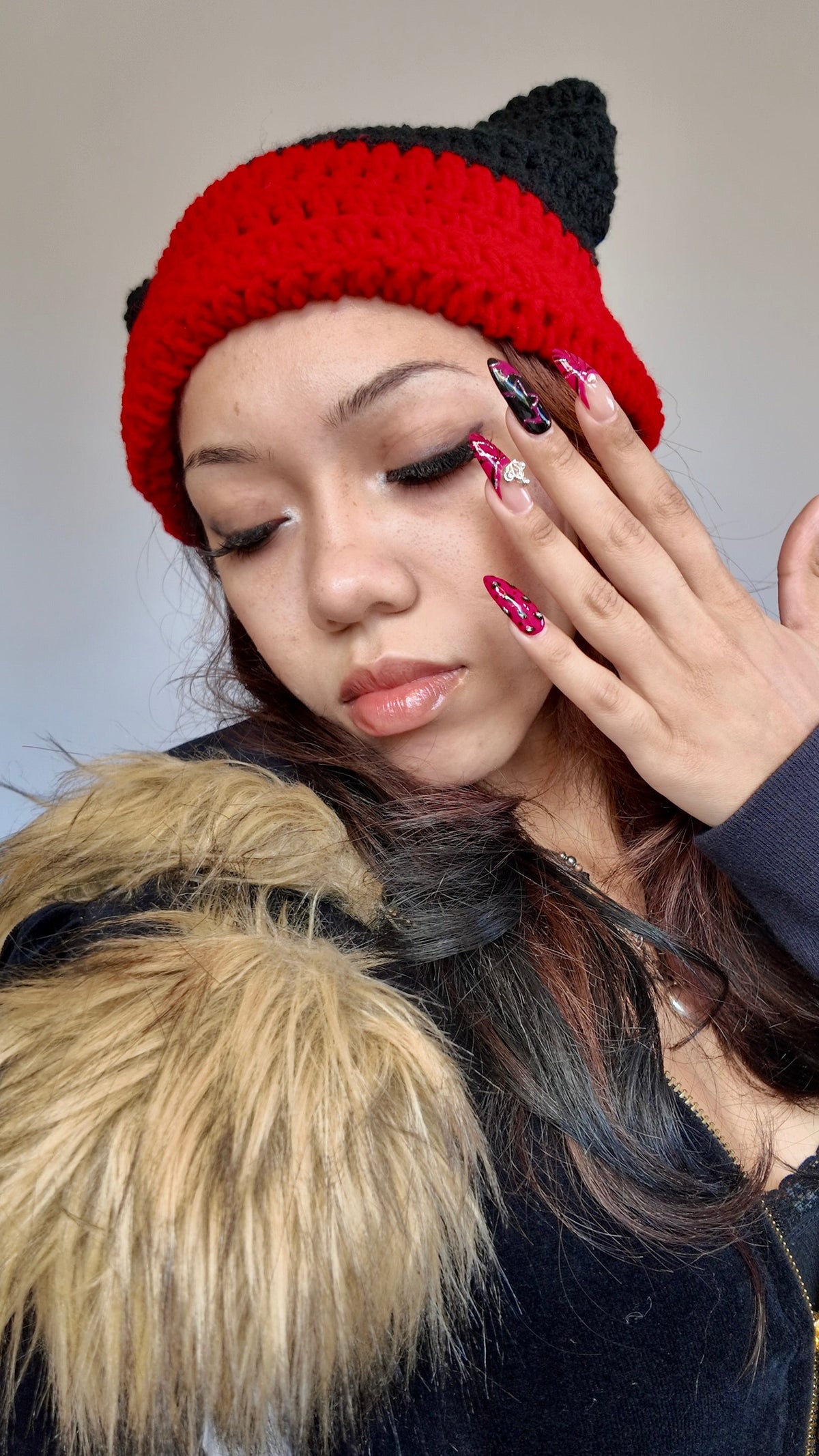 RED COLORBLOCK CAT EAR BEANIE