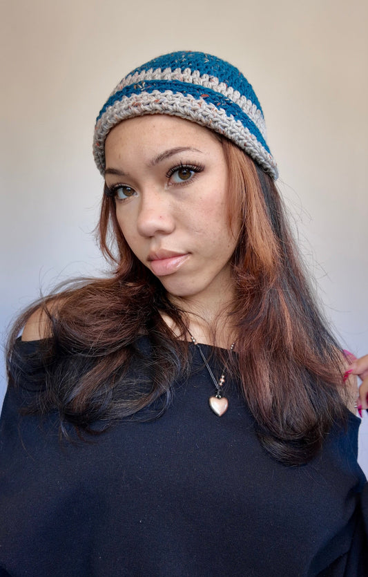 BLUE STRIPED CROCHET BEANIE