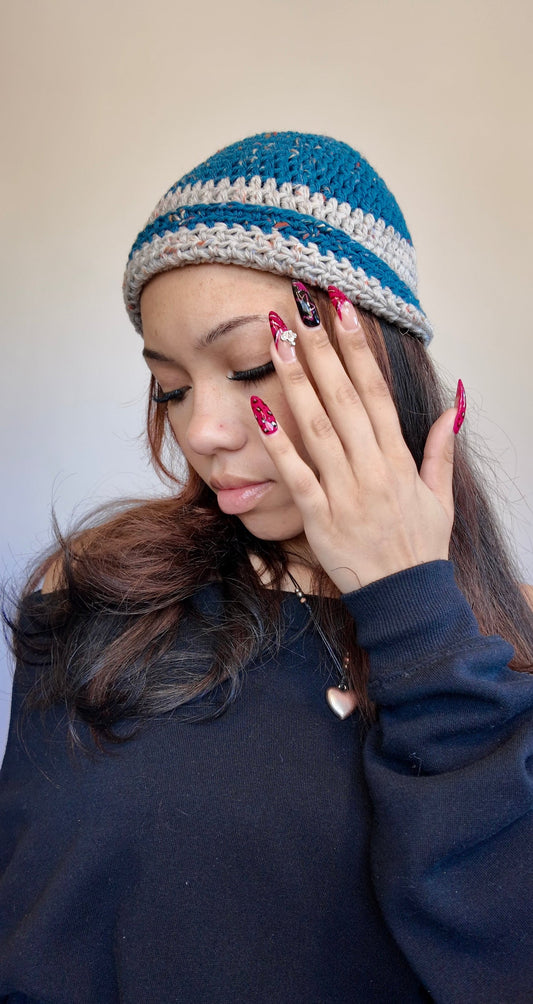 BLUE STRIPED CROCHET BEANIE