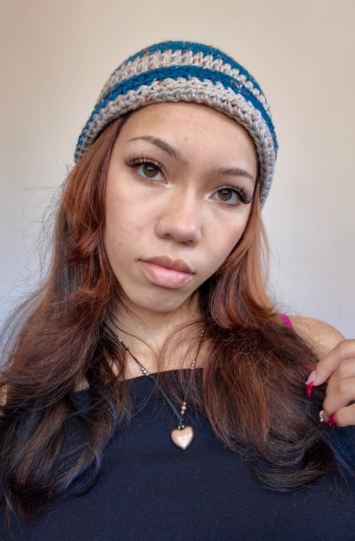 BLUE STRIPED CROCHET BEANIE