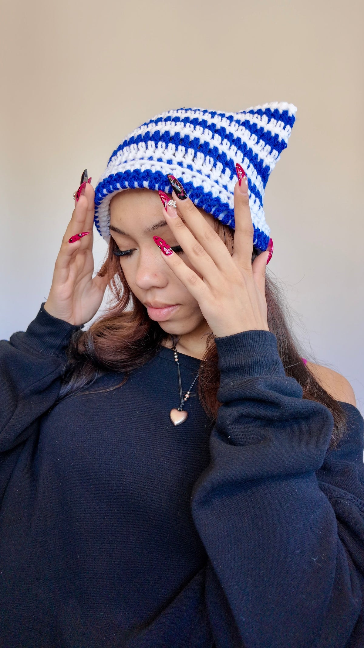 BLUE STRIPED CAT EAR BEANIE