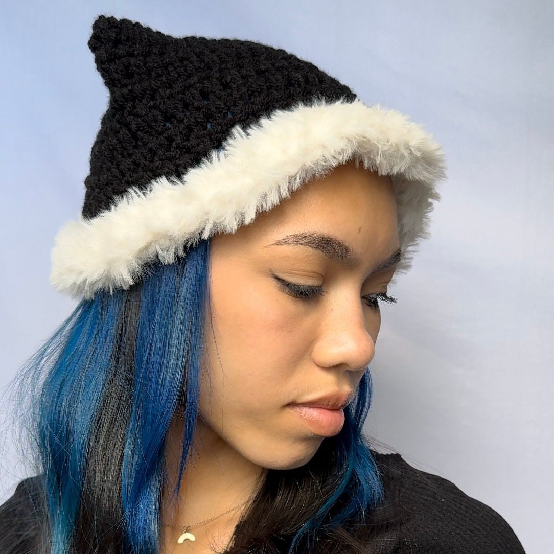 Black with White Faux Fur Cat Ear Beanie